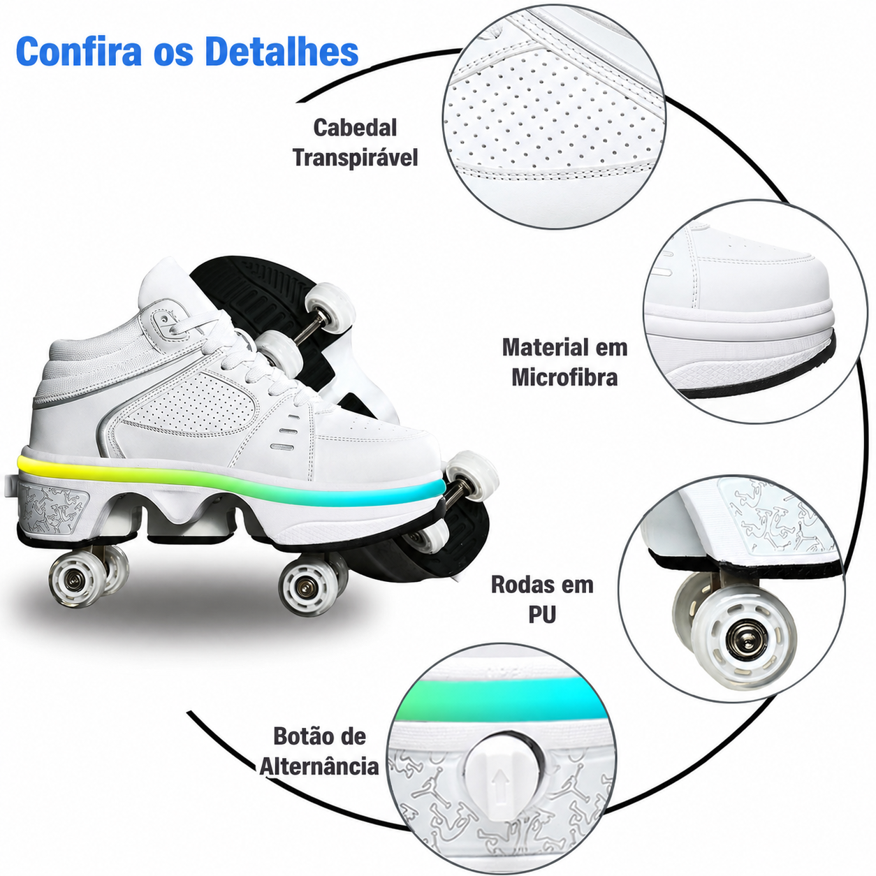 Detalhes do Mundo do Patins: cabedal em microfibra respirável, rodas de PU e botão de troca rápida